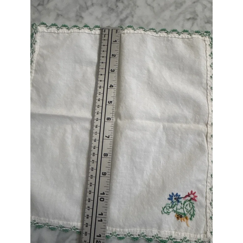 Vintage Hand Embroidered Cactus Linen Napkins Set of 3 Green Lace Trim 11.5